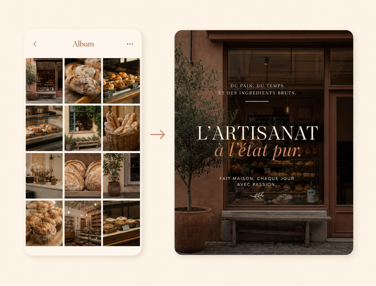 Les photos d'une boulangerie transformées en post avec texte incrusté